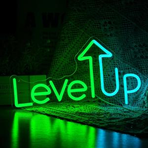 Level UP Neon Sign, Neon Sign For Wall Decor, Game Room Game Zone LED Neon Light Wall Art Decor Home Bedroom Gaming Room Decoration Party Personalized For Gamer (15.7 x 8.7 in) (Level UP - Green And Ice Blue)