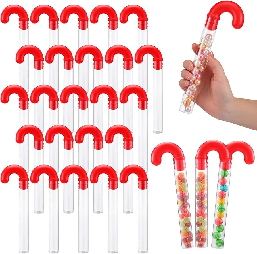 Lallisa Pack of 24 Large Christmas Candy Tubes 9.8 Inch Plastic Candy Container Clear Empty Candy Tube with Red Topper Christmas Party Supply Red Filled Holiday Stuffer Crutch Shaped for Christmas Party