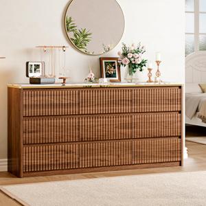 Fluted Dresser for Bedroom with 9 Drawers,62.99" Modern Chest of Drawers with Faux Marble Top, Curved Profile Design,Dresser TV Stand, Wood Drawer Organizer for Living Room, Hallway, Brown Fluted Dresser for Bedroom with 9 Drawers,62.99" Modern Chest of Drawers with Faux Marble Top, Curved Profile Design,Dresser TV Stand, Wood Drawer Organizer for Living Room, Hallway, Brown