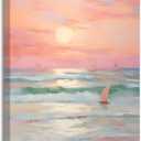 SIXWOOD Pink Ocean Sunset Canvas Wall Art Painting, Pastel Beach Picture with Waves and Sailboats, Coastal Wall Decor for Living Room Girls Bedroom Nursery, 16x24 Framed Ready to Hang Aesthetic Print