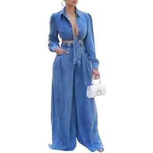 Voghtic Women's Sexy Denim 2 Pieces Outfits Fall Long Sleeve v Neck Crop Lace-Up Shirt Wide Leg Pants Matching Sets, XL