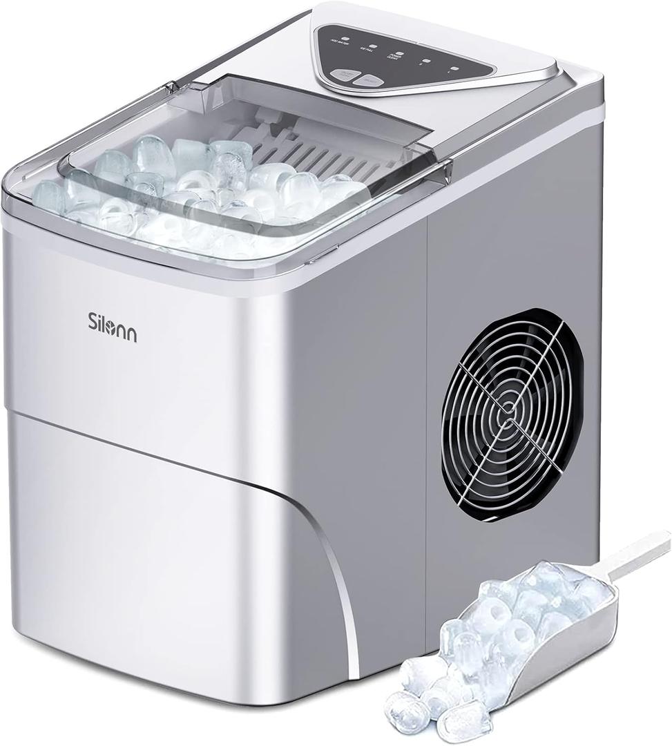 Silonn Ice Makers Countertop, 9 Cubes Ready in 6 Mins, 26lbs in 24Hrs, Self-Cleaning Ice Machine with Ice Scoop and Basket, 2 Sizes of Bullet Ice for Home Kitchen Office Bar Party, Sliver (Silver)