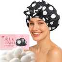LitBear Luxury Silk Lined Shower Caps for Women Reusable Waterproof, Double Layered Large Bathing Hair Cap with Adjustable Elastic Strap, Non-Slip, Quick-Dry, for Long Short Hair, Black Dots