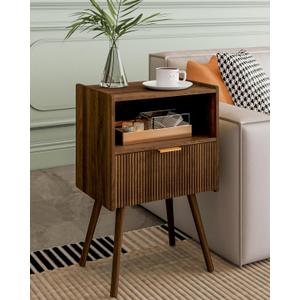 Nightstand,Modern Bedside Table with Storage Drawer and Open Wood Shelf, Accent Night Stand with Solid Wood Legs for Living Room, Bedroom and Small Spaces,Easy Assembly (Walnut Brown)