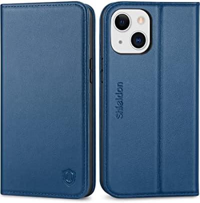 SHIELDON Case for iPhone 13 Mini, Genuine Leather Wallet Magnetic RFID Blocking Card Slots Kickstand Folding Shockproof Case Compatible with iPhone 13 Mini 5G (5.4") - Royal Blue