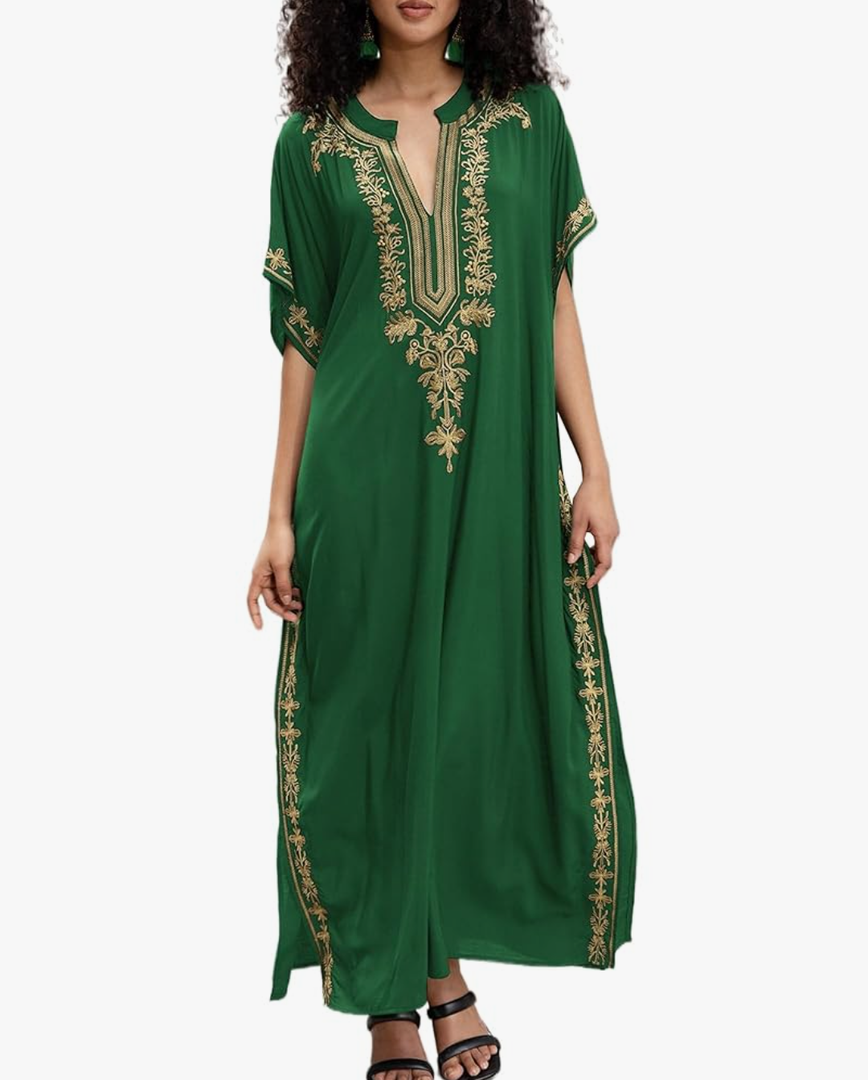 Women Embroidery Loose Kaftan Casual Beach Bathing Suit Cover Up Long Caftans Maxi Dress, (Large)