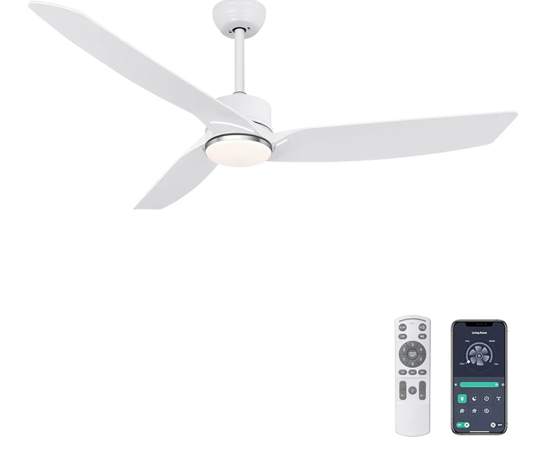 Ohniyou 56 Inch White Ceiling Fan with Lights, Modern 3 Blades Ceiling Fan with Remote/APP Control, Reversible DC Motor, Dimmable 3 CCT, Indoor Outdoor Fan for Covered Patios Living Room