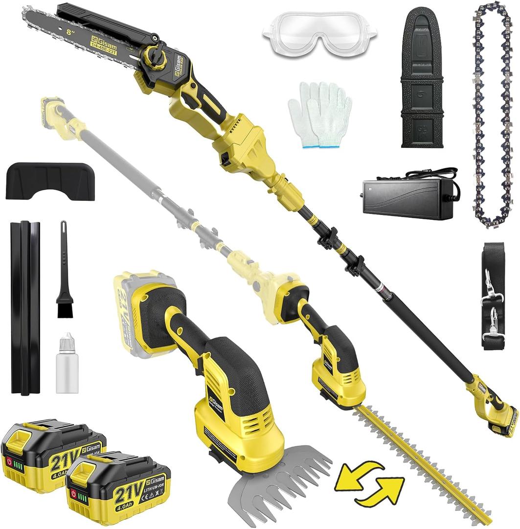 6-in-1 Cordless Pole Saw & Hedge Trimmer Combo & Grass Shear with Extension Pole Garden Tool with 2 * 4.0Ah Battery,180°Adjustable Angle,16Ft Reach,for Shrubs Pruning
