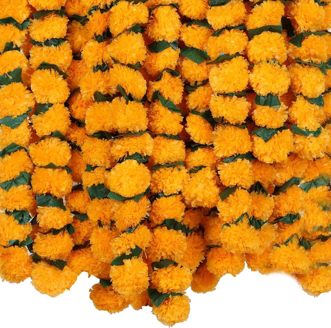 Marubhumi 5 PC 5 Feet Long Strands Artificial Marigold Flowers with Gulchadi Garland for Diwali Decor, Garland for Decoration, Diwali Decorations for Home, Christmas Decor Wedding Decor (Mango)