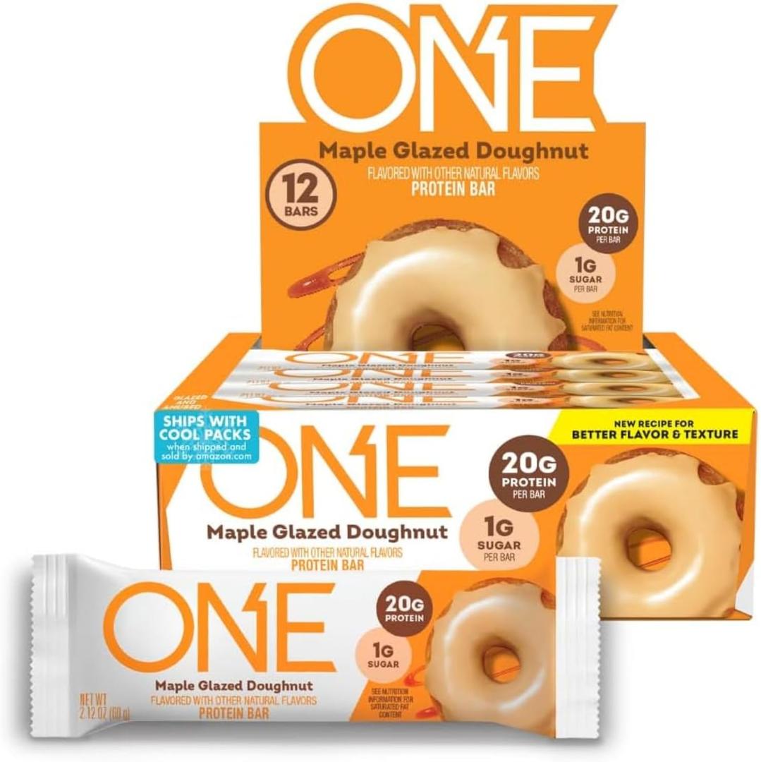 ONE Protein Bars, Maple Glazed Doughnut, Gluten Free with 20g Protein and 1g Sugar, Pantry Staples, 2.12 oz (12 Count) BB 03/2026