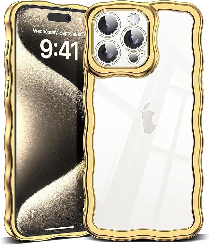 2 x SKYLMW Compatible with iPhone 15 Case, Kawaii Cute Curly Wave Frame Luxury Plating Edge, Stylish Glossy Clear Back, Soft TPU Shockproof Protective Cases for iPhone 15, Gold