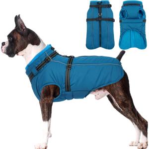 Lelepet Dog Coat for Large Dogs Waterproof Dog Jacket with Harness Built in Reflective Windproof Fleece Jacket with Zip Warm Winter Coats for Dogs Cozy Thermal Pet Snowsuit, Border Collie, Blue, XL