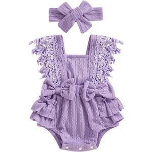 FOMOYUU Newborn Baby Girl Clothes Summer Short Sleeve Jumpsuit Romper with Bow Headband Knit Ribbed Outfits, 100