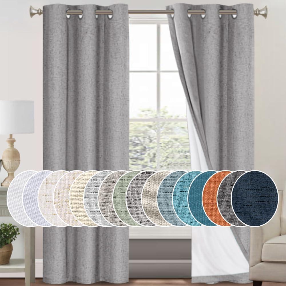 PrinceDeco 100% Blackout Curtains 84 inches Long for Bedroom Dining Room Soundproof Window Treatment Drapes with White Liner Noise Reducing Linen 84 Inch Blackout CurtainsLight Grey42 x 84 Inch