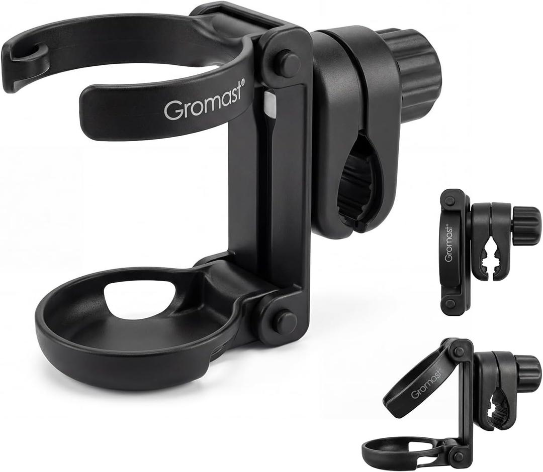 Gromast Foldable Stroller Cup Holder, 360Rotatable with Adjustable Clip, Universal Cup Holder for Stroller, Wheelchair, Bike, Walker, Scooter, Tricycle - Black