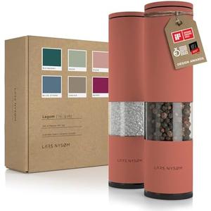 LARS NYSØM Salt and Pepper Grinder Set 2 pieces I Salt Pepper Mill with Adjustable Ceramic Grinder I Design Spice Grinder Set Manual (Brick Red)