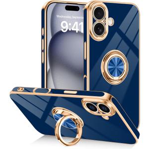 Designed for iPhone 17 Case with Ring Stand, 360 Rotatable Holder Support Magnetic Car Mount Soft TPU Plating with Full-Covered Lens Protection Phone Case for iPhone 17 Blue