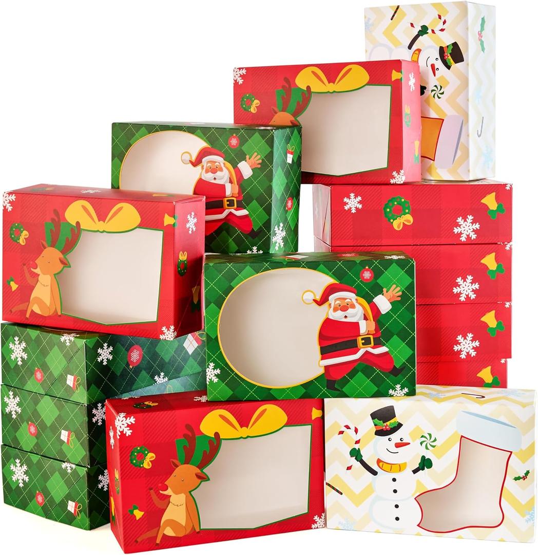 JOYIN 24PCS Christmas Cookie Boxes for Gift Giving, 8.75" x 5.75" x 2.75" Xmas Holiday Bakery Treat Boxes with Window, Kraft Cookie Tin Containers Box for Baked Goods, Cupcake, Pastry, Candy, Doughnut (Christmas Bright Color)