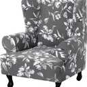 Floral Printed Fleece Wingback Chair Slipcover - 1-Piece Super Stretch Wing Chair Cover, Elastic Bottom for Easy Fit, Modern Style Furniture Protector (Grey)