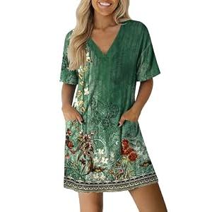 Ekouaer Nightgowns for Women Short Sleeve Sleep Shirt V Neck Night Gown With Pockets Soft Pajamas Dress Casual Sleepwear L