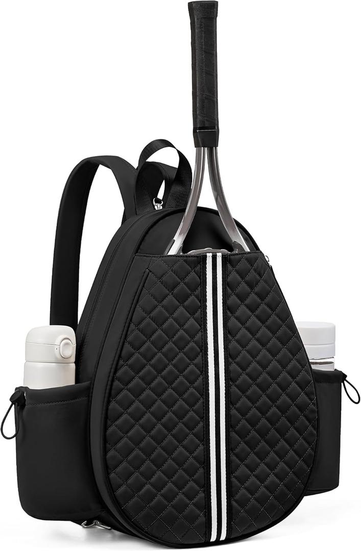 Sucipi Tennis Bag, Quilted Tennis Sling Crossbody Backpack, Water Resistant Tennis Racket Bags for Women Men, Suitable for Pickleball, Tenni,s Badminton (Medium, Black)