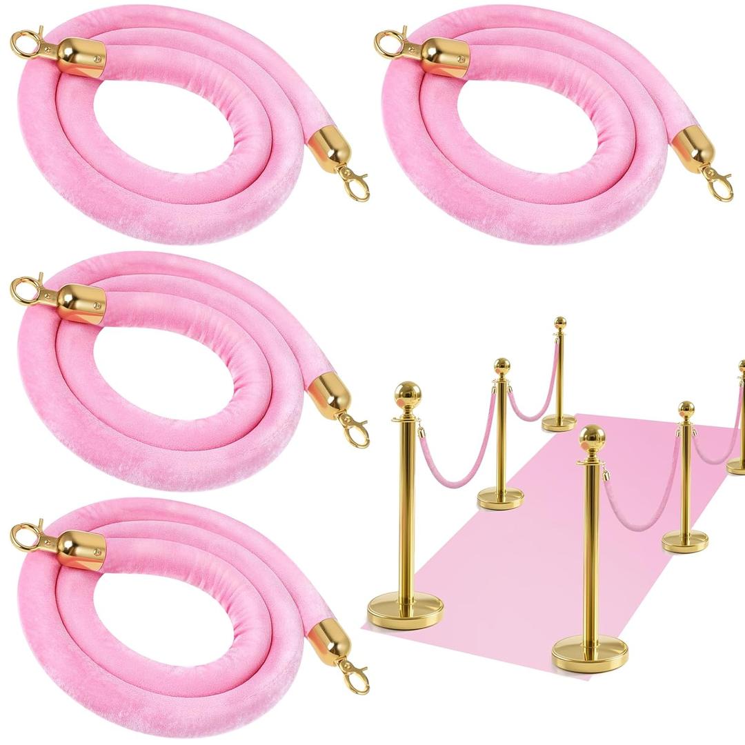 4 Pcs 5 Feet Pink Velvet Stanchion Rope Crowd Control Ropes with Polished Gold Hooks for Movie Theater Party Hotels Wedding Grand Openings