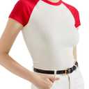 SUUKSESS Women Ribbed Striped Short Sleeve Slim Fit Tops Summer Crew Neck Color Block Going Out T Shirt (XL)