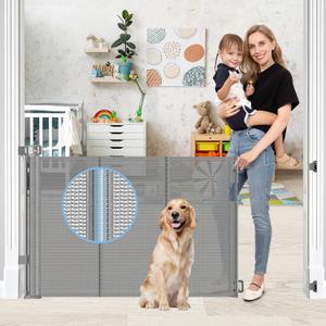 Reinforced Retractable Baby Gates with Support Rods, Retractable Gate for Babies and Pets Prevent Bottom Crawling Through, Extends up to 55” Wide, Mesh Dog Gate for The House Indoor Outdoor, Gray