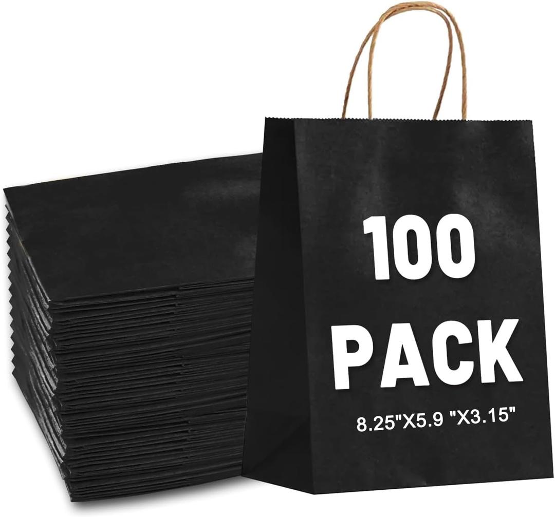 LIHOMR Gift Bags 8.25" x 5.9 x3.15 100Pcs Paper Bags with Handles, Kraft paper Bags for Small Business Christmas Bulk, Wedding, Party Favor, Shopping, Lunch, Halloween Trick-or-Treat (Black)