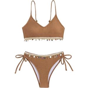 Women's Shiny V Neck Bathing Suit Triangle Summer Swimsuit Bikini Set 2 Piece (Medium, Light Brown)