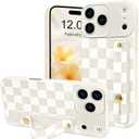 NITITOP Compatible for iPhone 17 Pro Case with Wrist Strap Kickstand Cute Trendy Checkerboard Plaid for Women Girls Slim Fit TPU Shockproof Full Camera Protective Cover - White