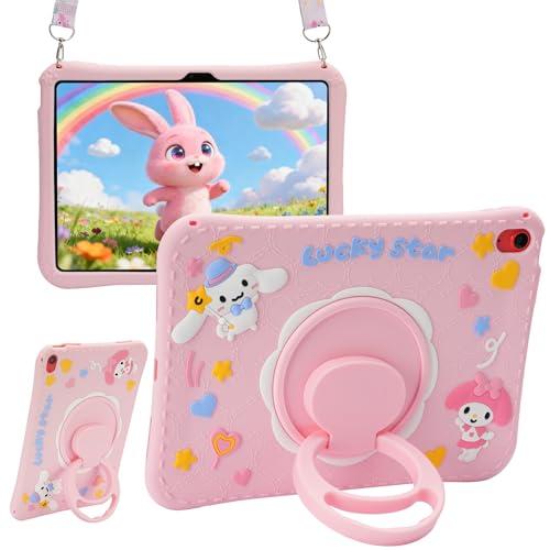 Kids iPad Case for A16 11th Generation 11 Inch 2025 & 10th Generation 10.9 Inch 2022, Pink Cute 3D Cartoon Design with 360 Rotatable Kickstand, Adjustable Strap, Shockproof Protective Cover for Girls