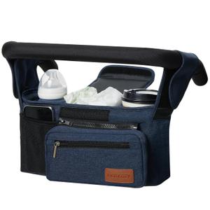 Momcozy Universal Baby Stroller Organizer, 2 Insulated Cup Holder, Detachable Zippered Pocket, Adjustable Shoulder Strap, Large capacity for baby essentials, Compact Design Fits Any Strollers (Blue)