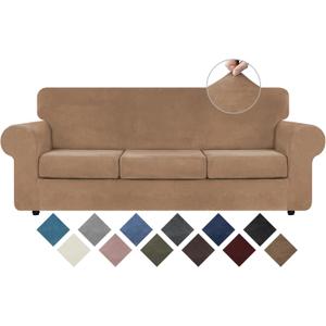 WEERRW 4 Pieces Polyester and Spandex High Stretch Couch Covers for 3 Cushion Couch Sofa Slipcovers, Furniture Protector with Non Slip Elastic Bottom, Feature Soft and Thick Plush Fabric, Camel, Large