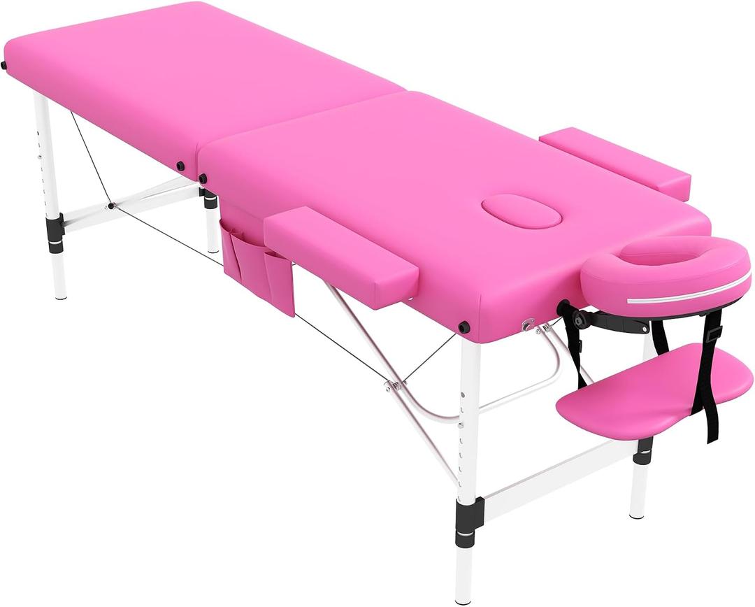 civama Massage Table Massage Bed Portable, 26 LBs Light Weight Foldable Tattoo Facial Care Spa Lash Bed Aluminum Frame with Accessories Carrying Bag, Pink, Onesize