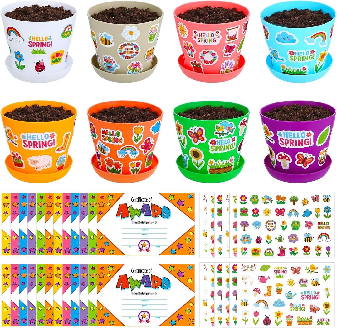 Domensi 30 Pack Garden Pot Craft Kit 4 Inch DIY Hello Spring Crafts for Kids Bulk Plastic Flower Plant Pot Plastic Planter with Tray Drainage Holes with Tag, Certificate of Award, Sticker