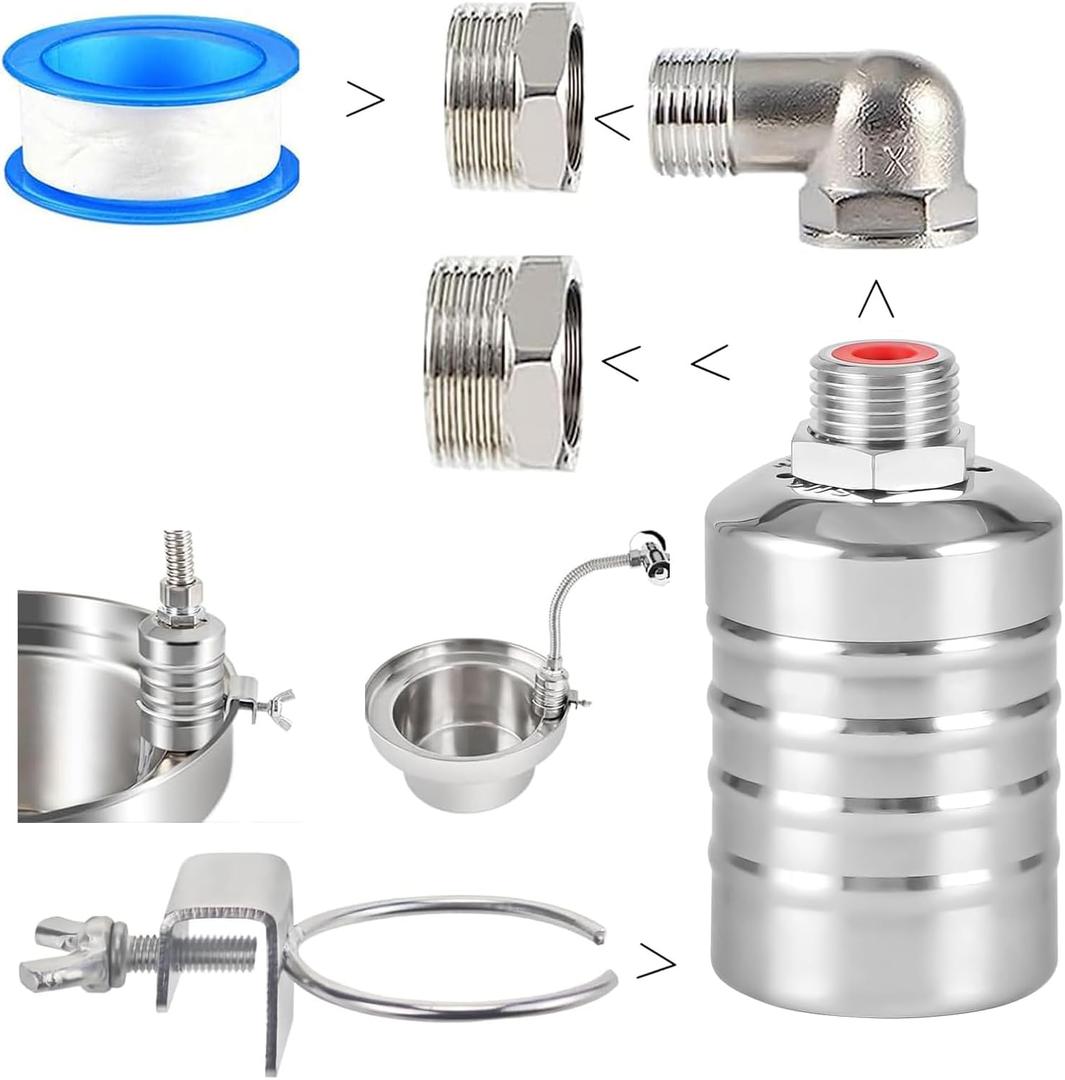 Upgraded Water Float Valve With 1/2" Bend and Adapters, 304 Stainless Steel Automatic Waterline Controller for Cistern, Aquarium, Livestock Trough and Pool