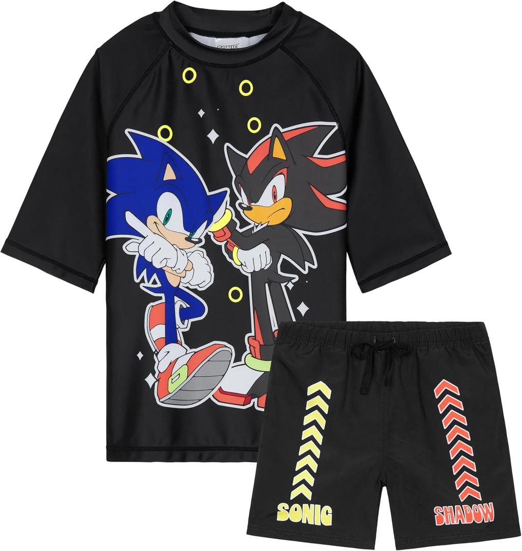 Get Trend Swimsuit Set for Boys Teens 2 Pcs with Swimming Trunks and Boys Rash Guard for Beach Trip Holiday Essentials (9-10 Years, Black Sonic)