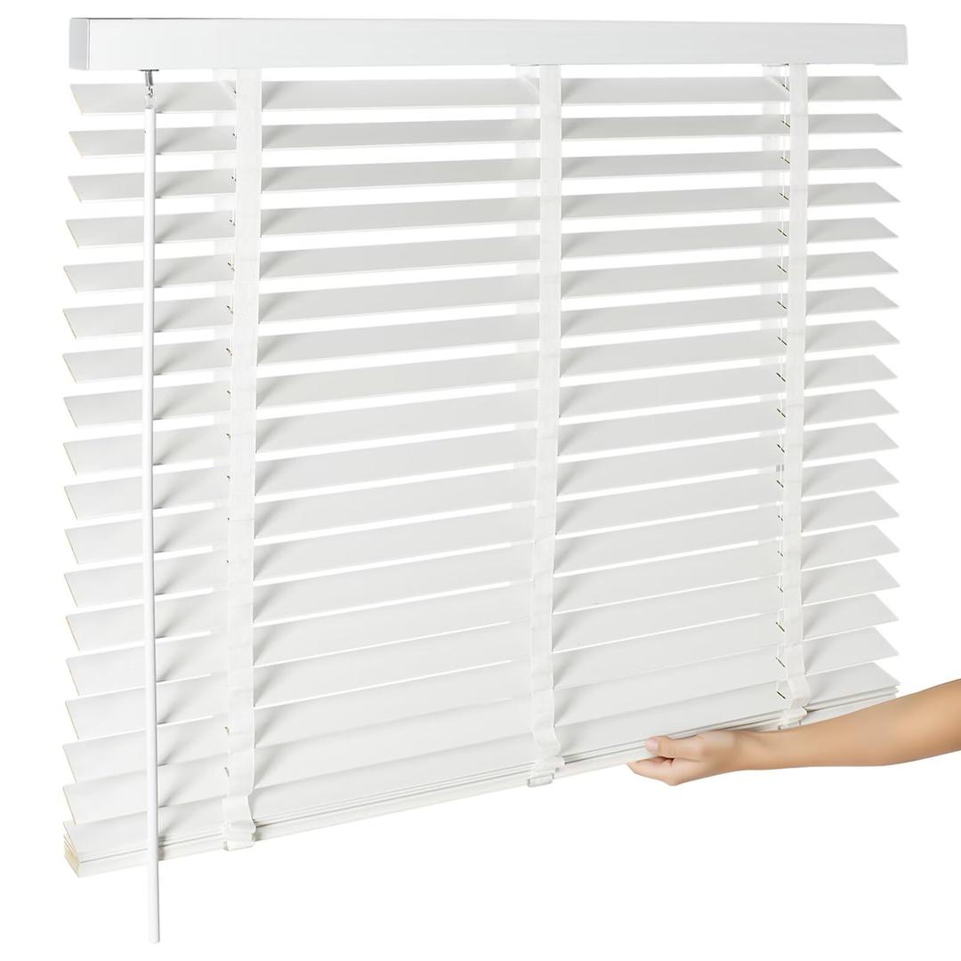 BAYUE 2" Cordless Real Wood Blinds for Indoor Windows, White, 36" W x 64" H