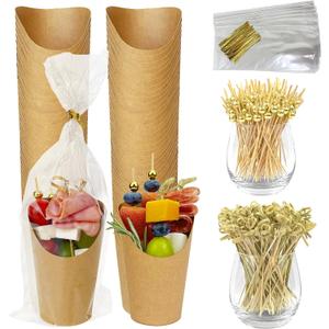 CAMKYDE 50 Sets Disposable Charcuterie Cups with Sticks and Bags, 12 oz Brown Kraft Paper Snack Appetizers Cup French Fry Holder with Cocktail Picks Toothpicks (50 Cups+50 Bags+200 Sticks)