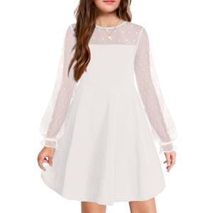 Arshiner Girl's Contrast Mesh Puff Long Sleeve High Waist A Line Short Dress with Pockets (9-10 Years, White)