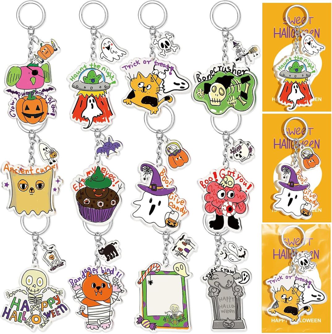 12 Set Acrylic Halloween Keychain Bulk Halloween Party Favors, Horror Skull Bat Cat Ghost Pumpkin Skeleton Keychain with Delicate Card, Halloween Purse Charm for Boy Girl Kid Party Supplies Gift