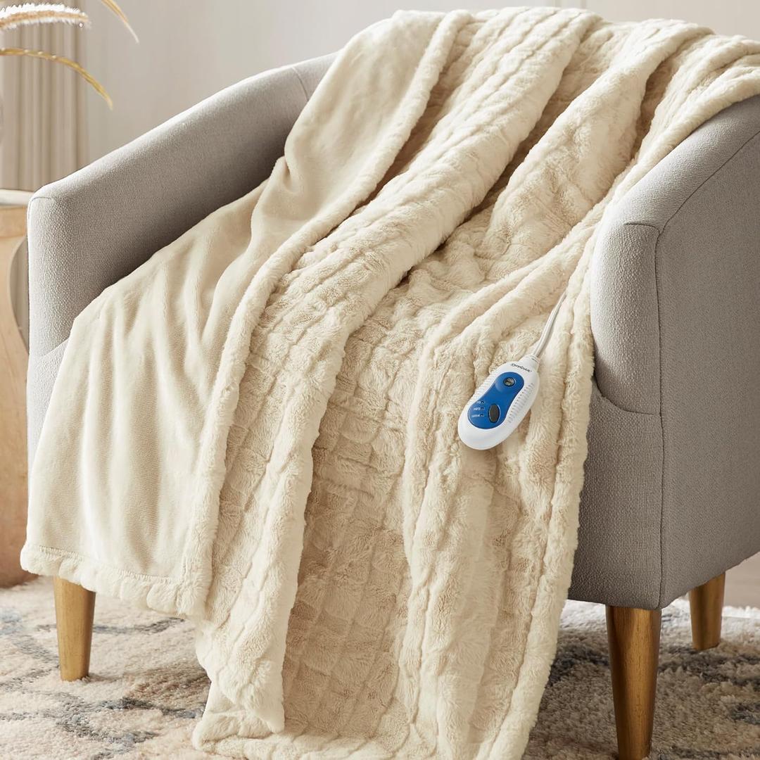 Beautyrest Heated Blanket, Eletric Throw Blanket, Soft, Warm, Reversible Faux Fur - Mink Oversized Heating Blanket Throw, 3 Heat Settings, 2 hr Auto Shut Off, Machine Washable, 50x70 Ivory Texture