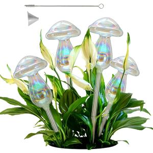 Plant Watering Globes, 4PCS Iridescent Rainbow Gradient Color Clear Glass Mushroom Self Watering Spikes Planter Insert, Automatic Plant Waterer Bulbs Devices for All Plants 9" L  3.5" D