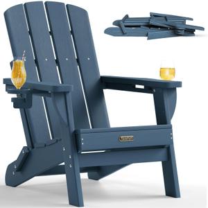 Folding Adirondack Chair 1 Pack, HDPE All-Weather Fire Pit Chairs, Plastic Adirondack Chairs with 2 Cup Holder, Outdoor Lawn Chair for Patio Garden (New Blue)