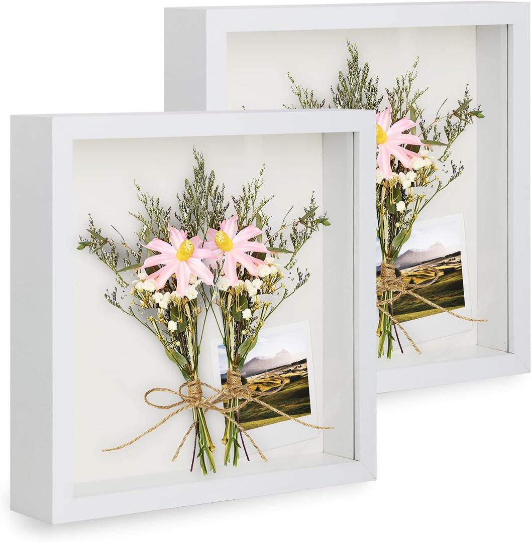 2pcs 6x6 Shadow Box Frame, 3D Picture Frame Display Cas with Real Transparent Glass for Photos, Memorabilia, Crafts, Souvenir, Wedding Memories, Baby Items - White/ 1.2 Inch Depth