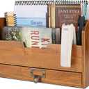 Flexzion 3 Tier Wooden Desk Organizer - Country Rustic Compartments Slot File Tray Pencil Sorter Shelf Holder Supplies Rack Accessories Set with Storage Drawer for Desktop Tabletop Office Home Brown