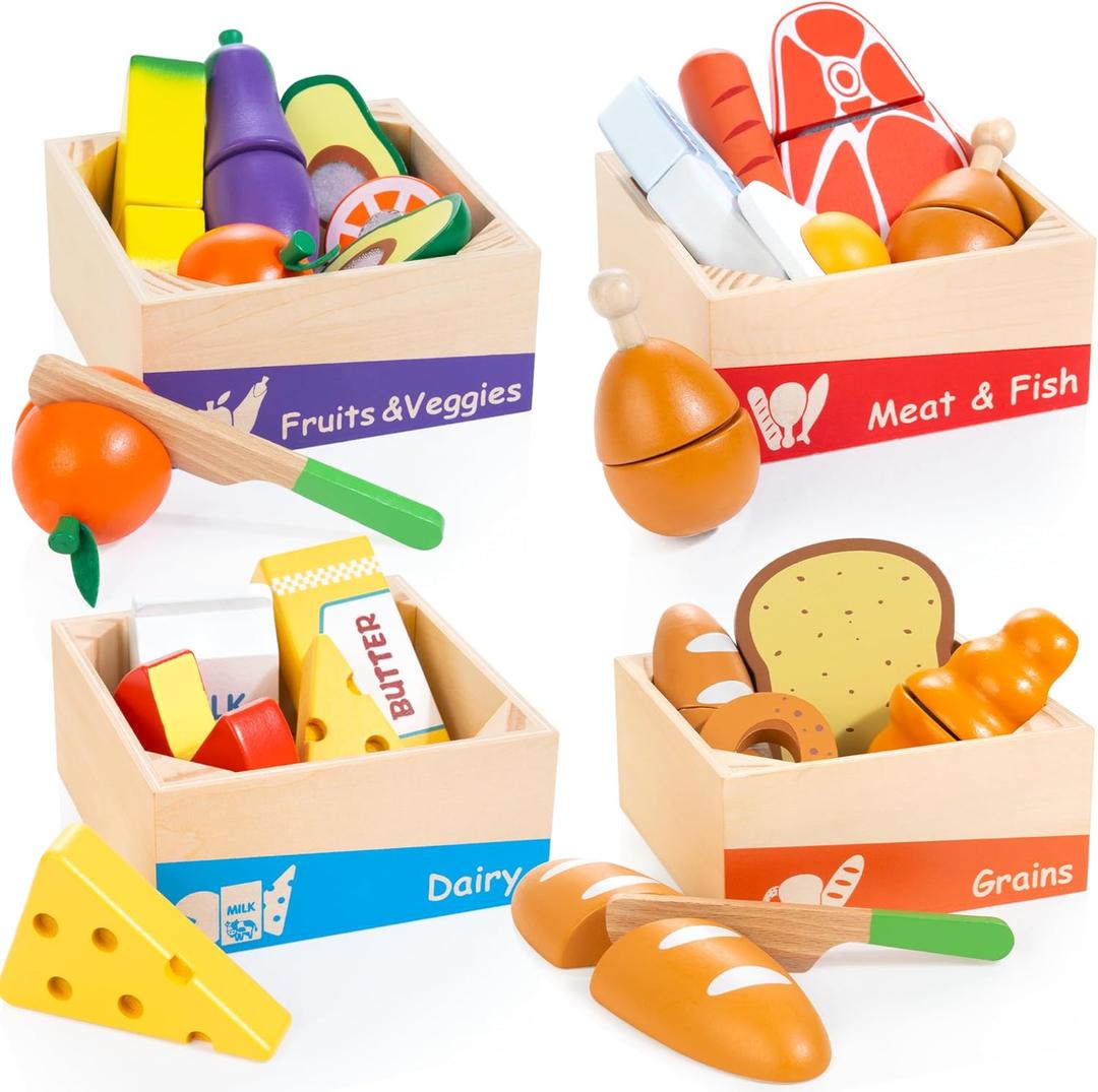 WOODMAM Wooden Play Food Set for Toddlers - Montessori Pretend Play Kitchen Toys with Color Sorting Food Groups & Cutting Fruits Vegetables for Boys & Girls Ages 3 4 5 6, Ideal