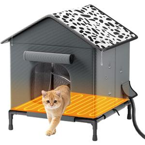 Heated Cat House for Outdoor Cats in Winter, Weatherproof Insulated Outside Cat House with Heating Pad, Warm Home for Barn Feral Stray Indoor/Outdoor Cat with Waterproof Elevated Base