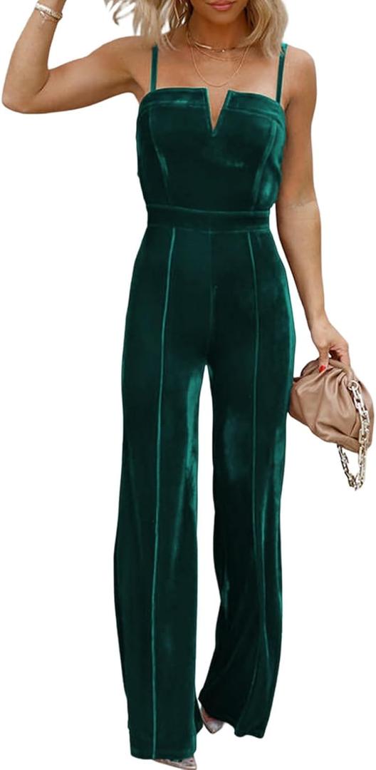BLENCOT Sleeveless Velvet Jumpsuits For Women V Neck Spaghetti Straps Wide Leg Long Pants Dressy Rompers Winter Overalls (Large)